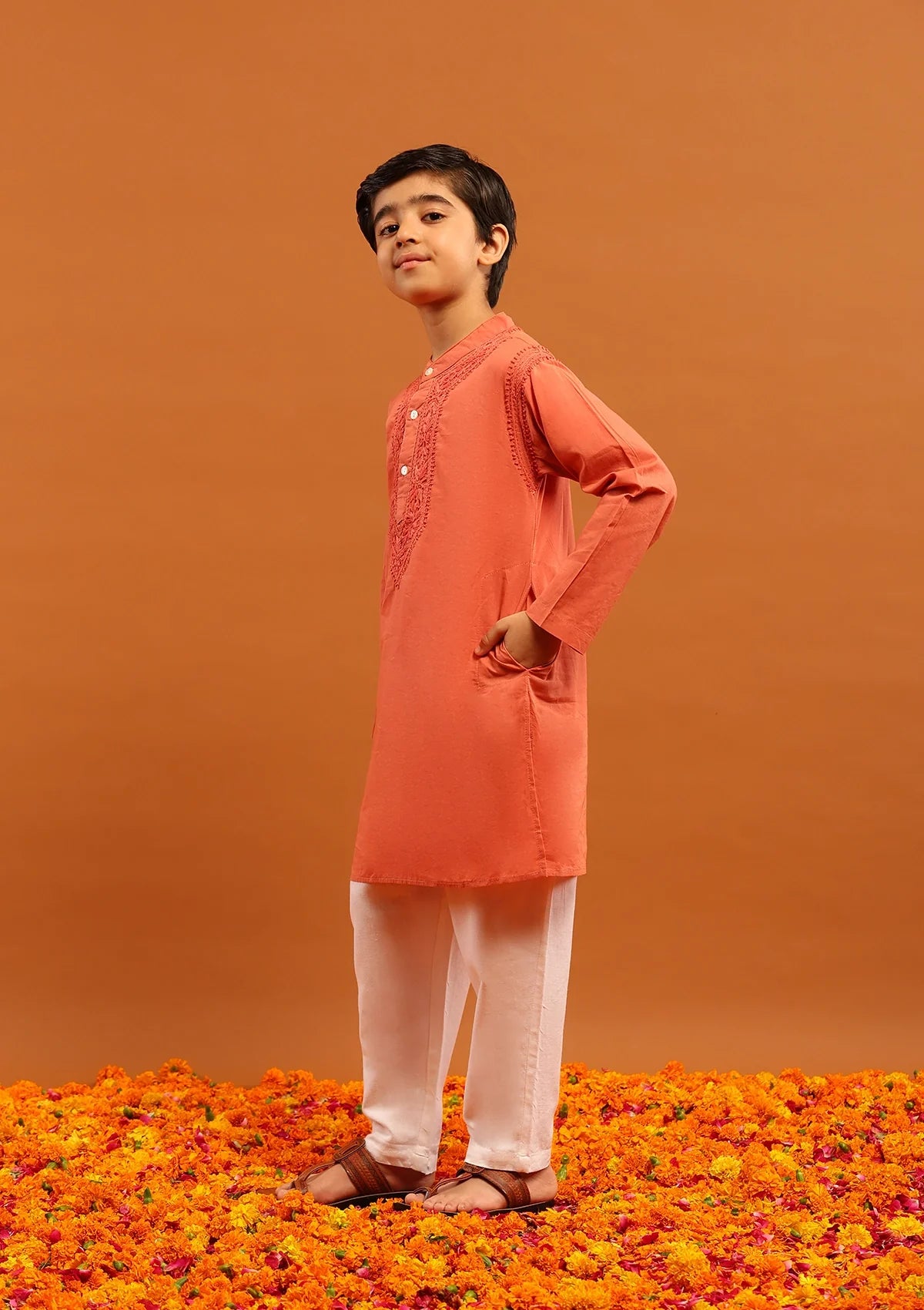 Cotton Chikankari Solid Boy's 2Pc Kurta Set-Rust