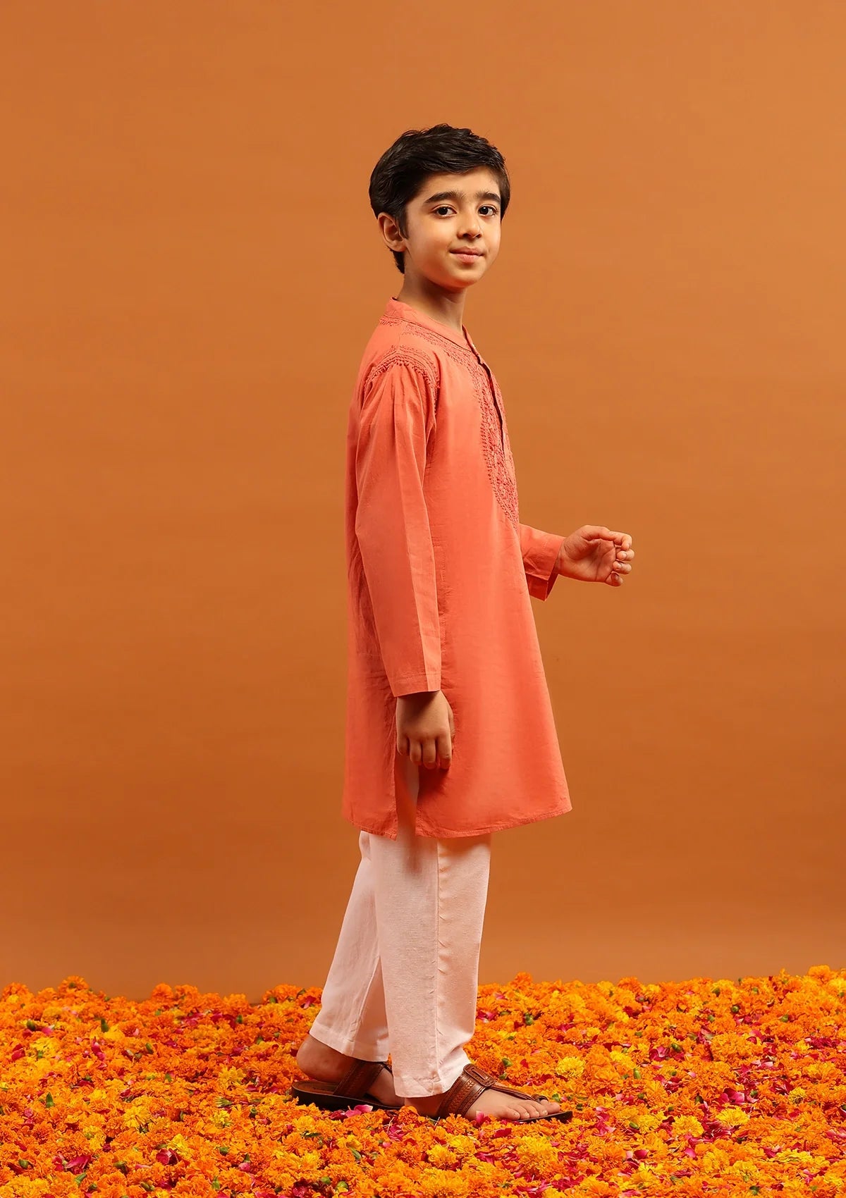 Cotton Chikankari Solid Boy's 2Pc Kurta Set-Rust