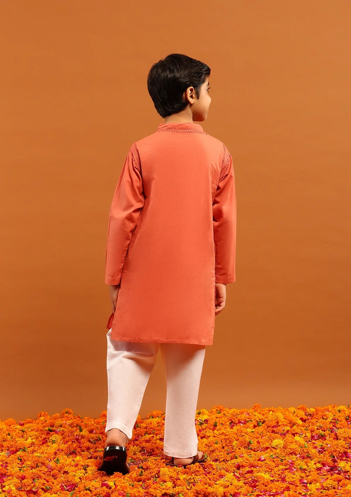 Cotton Chikankari Solid Boy's 2Pc Kurta Set-Rust