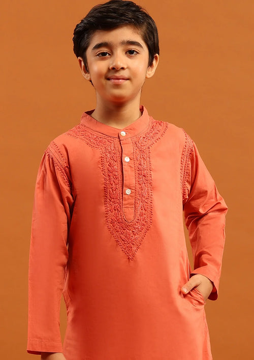 Cotton Chikankari Solid Boy's 2Pc Kurta Set-Rust