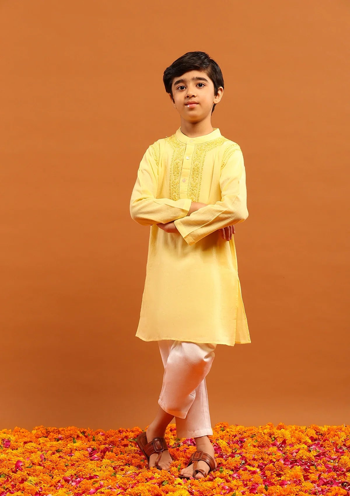 Cotton Chikankari Solid Boy's 2PC Kurta Set-Yellow