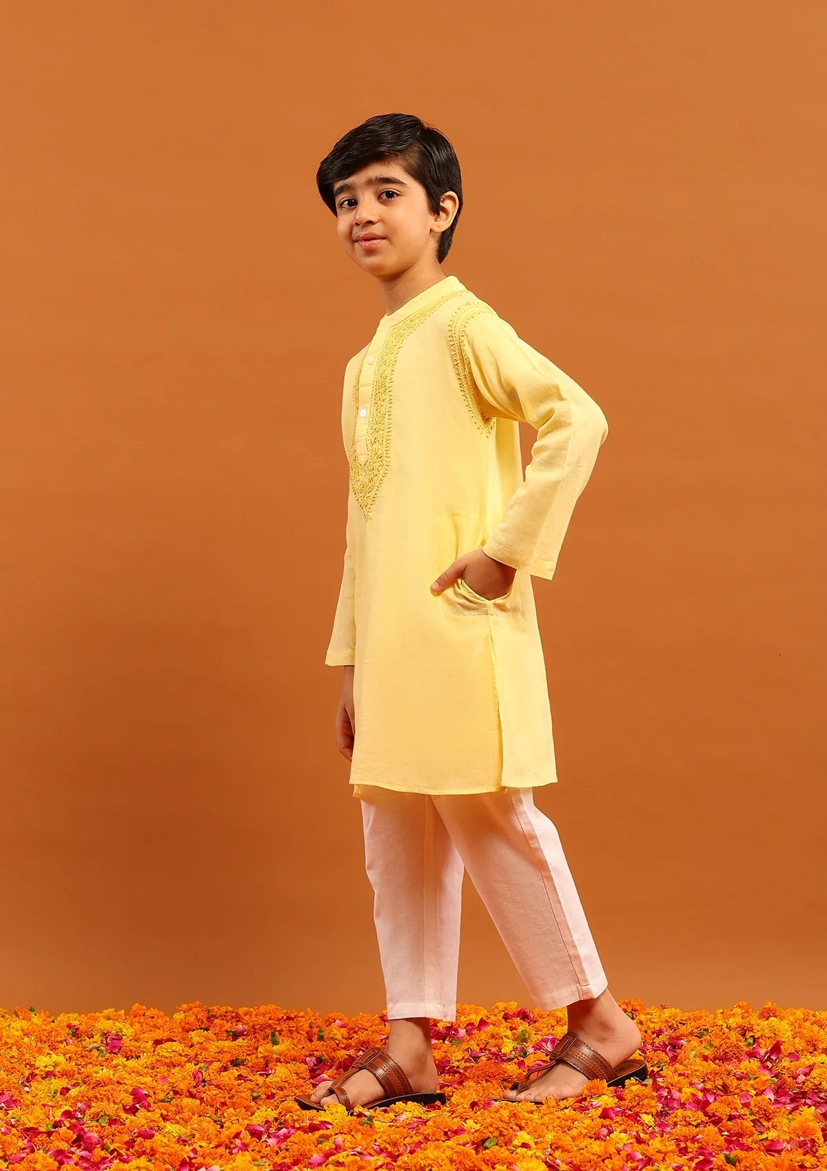 Cotton Chikankari Solid Boy's 2PC Kurta Set-Yellow