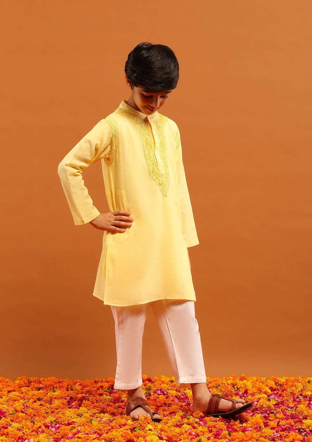 Cotton Chikankari Solid Boy's 2PC Kurta Set-Yellow