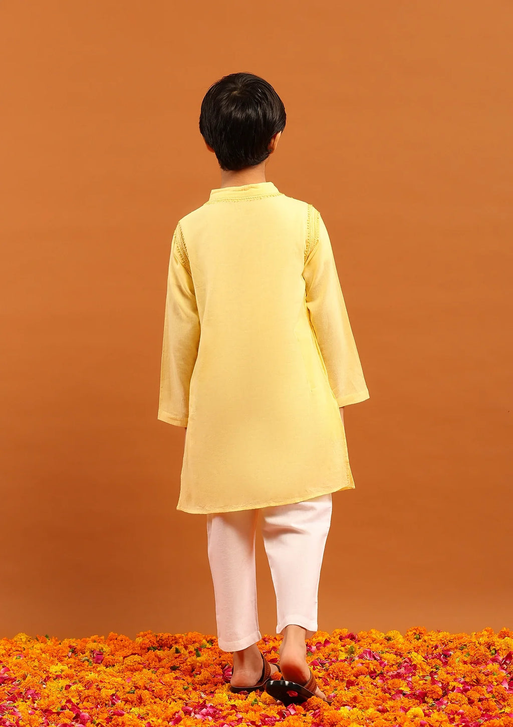 Cotton Chikankari Solid Boy's 2PC Kurta Set-Yellow