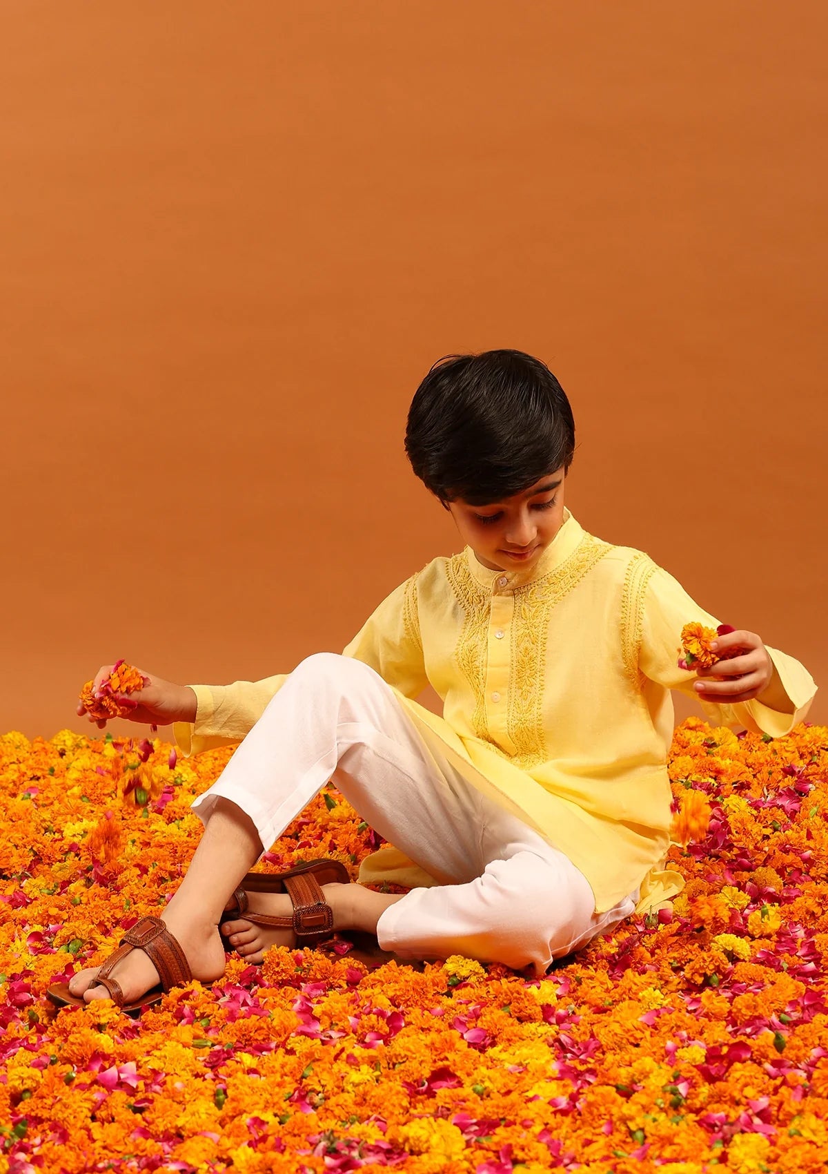 Cotton Chikankari Solid Boy's 2PC Kurta Set-Yellow