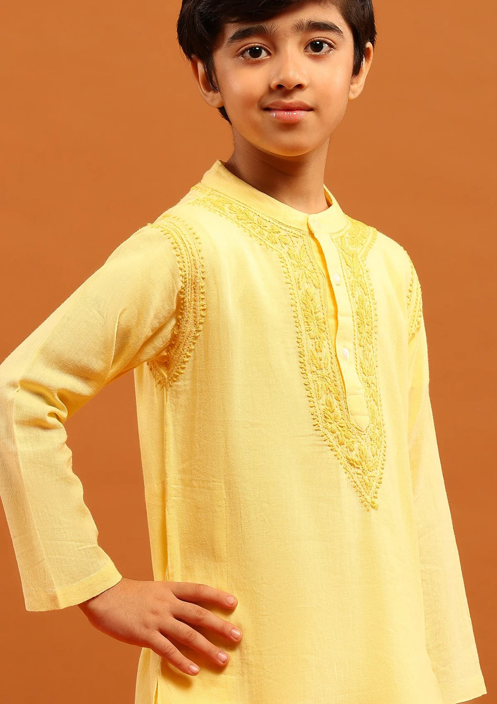 Cotton Chikankari Solid Boy's 2PC Kurta Set-Yellow