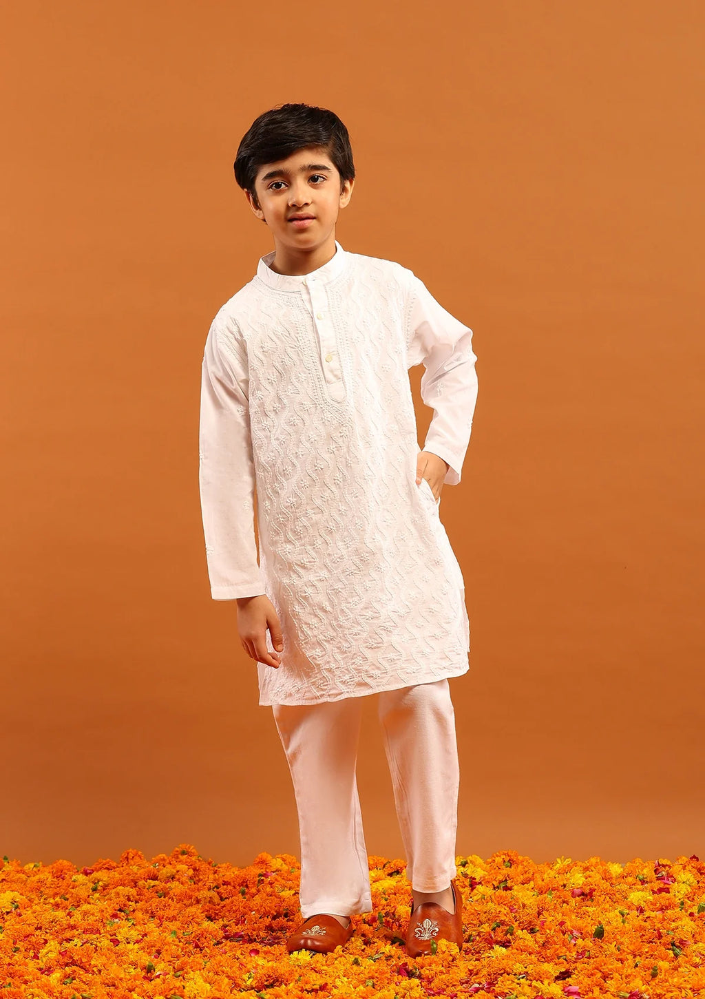 Cotton Chikankari Solid Boy's 2Pc Kurta Set-White