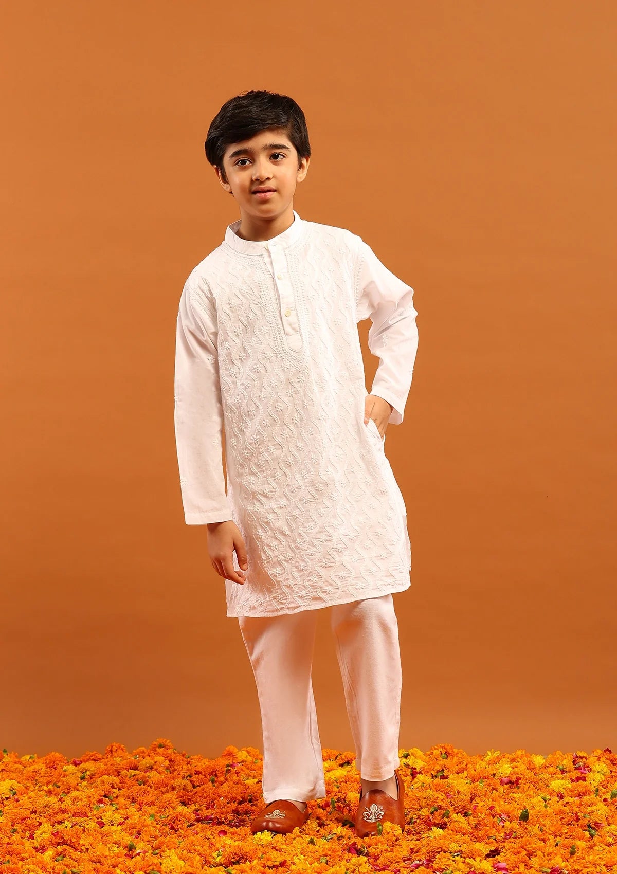 Cotton Chikankari Solid Boy's 2Pc Kurta Set-White