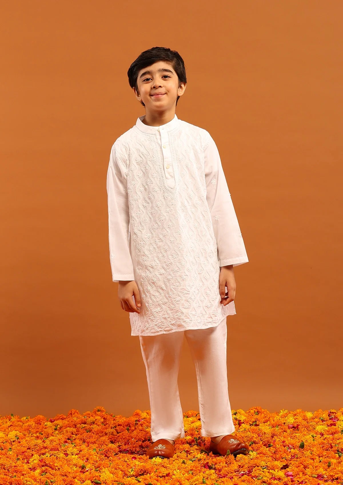 Cotton Chikankari Solid Boy's 2Pc Kurta Set-White