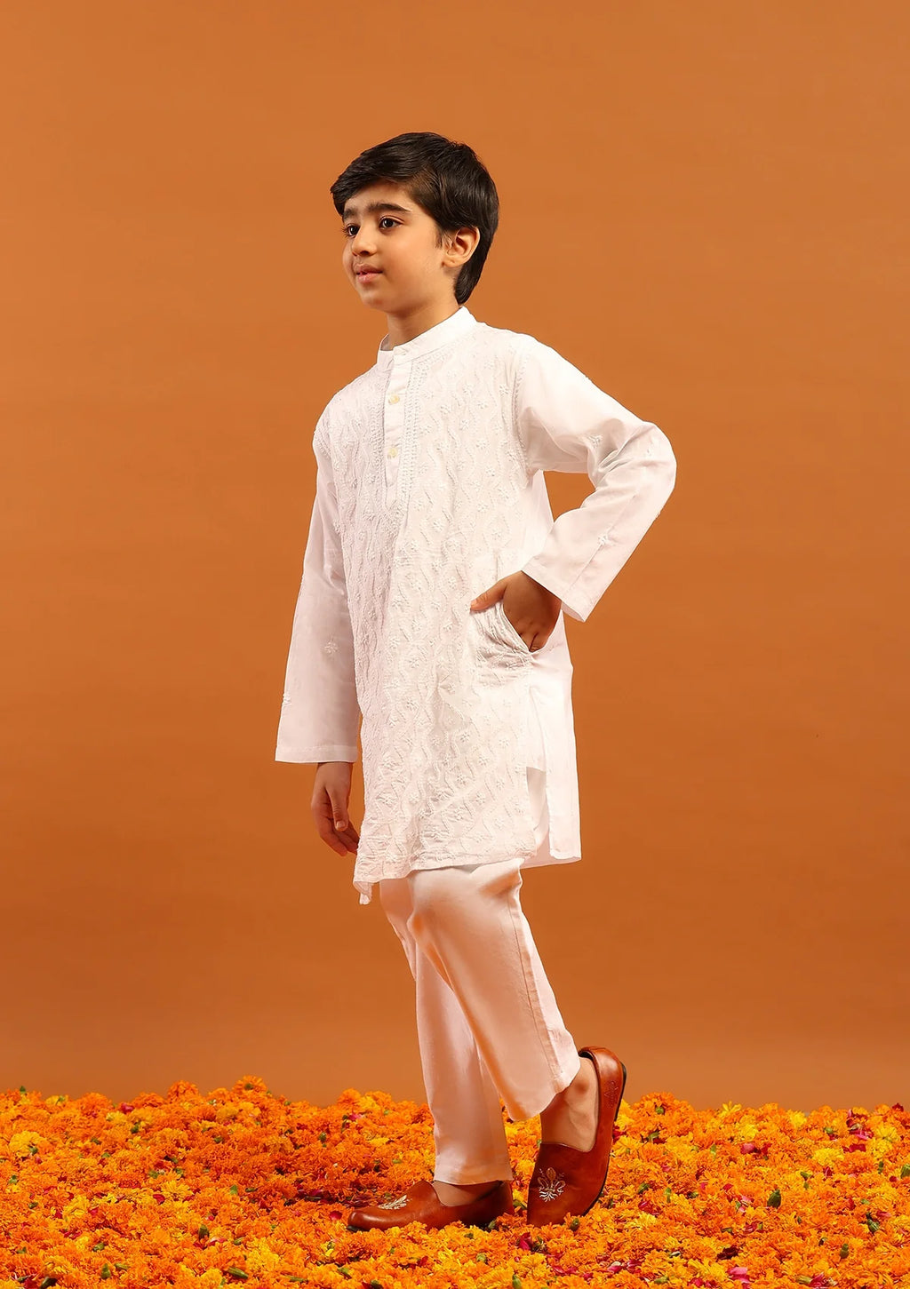 Cotton Chikankari Solid Boy's 2Pc Kurta Set-White