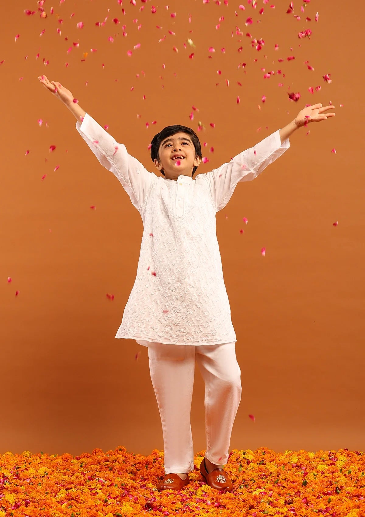 Cotton Chikankari Solid Boy's 2Pc Kurta Set-White