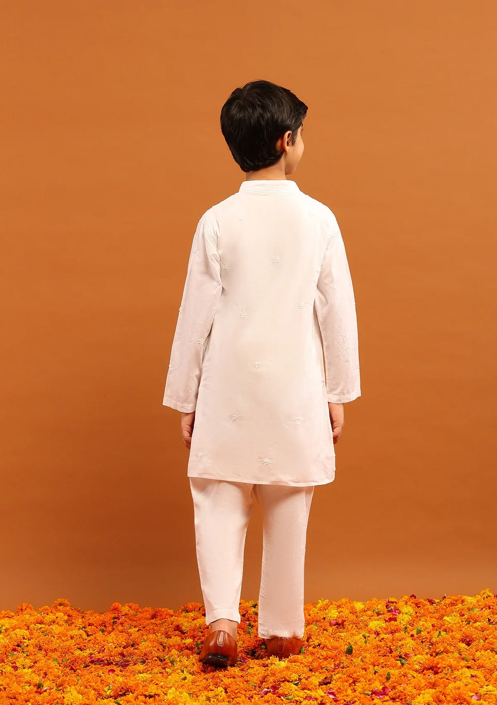 Cotton Chikankari Solid Boy's 2Pc Kurta Set-White
