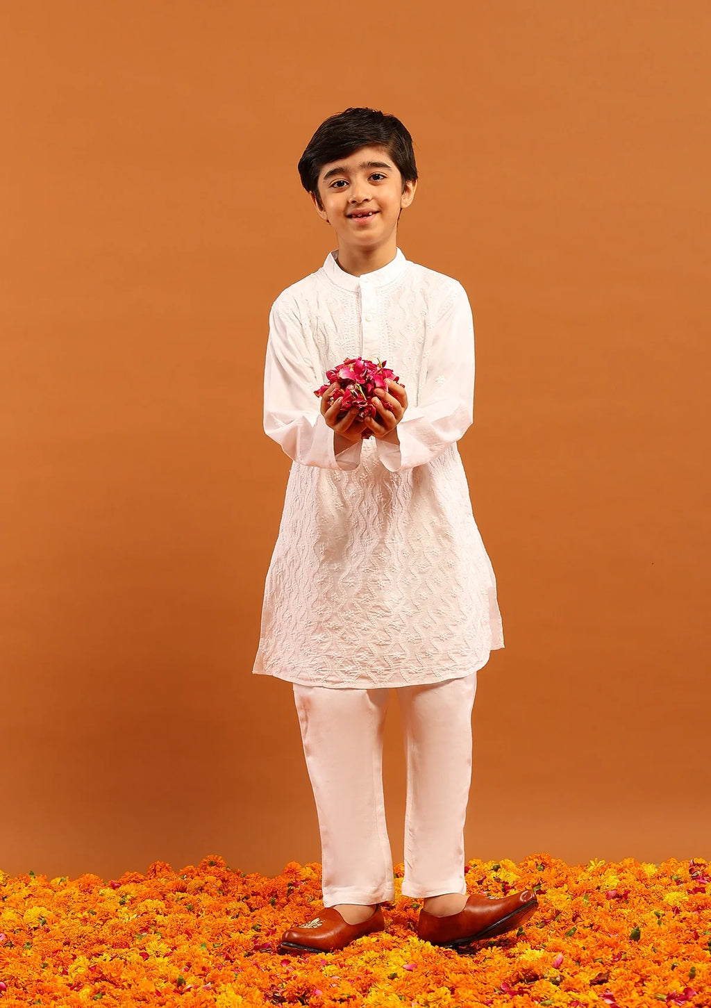 Cotton Chikankari Solid Boy's 2Pc Kurta Set-White