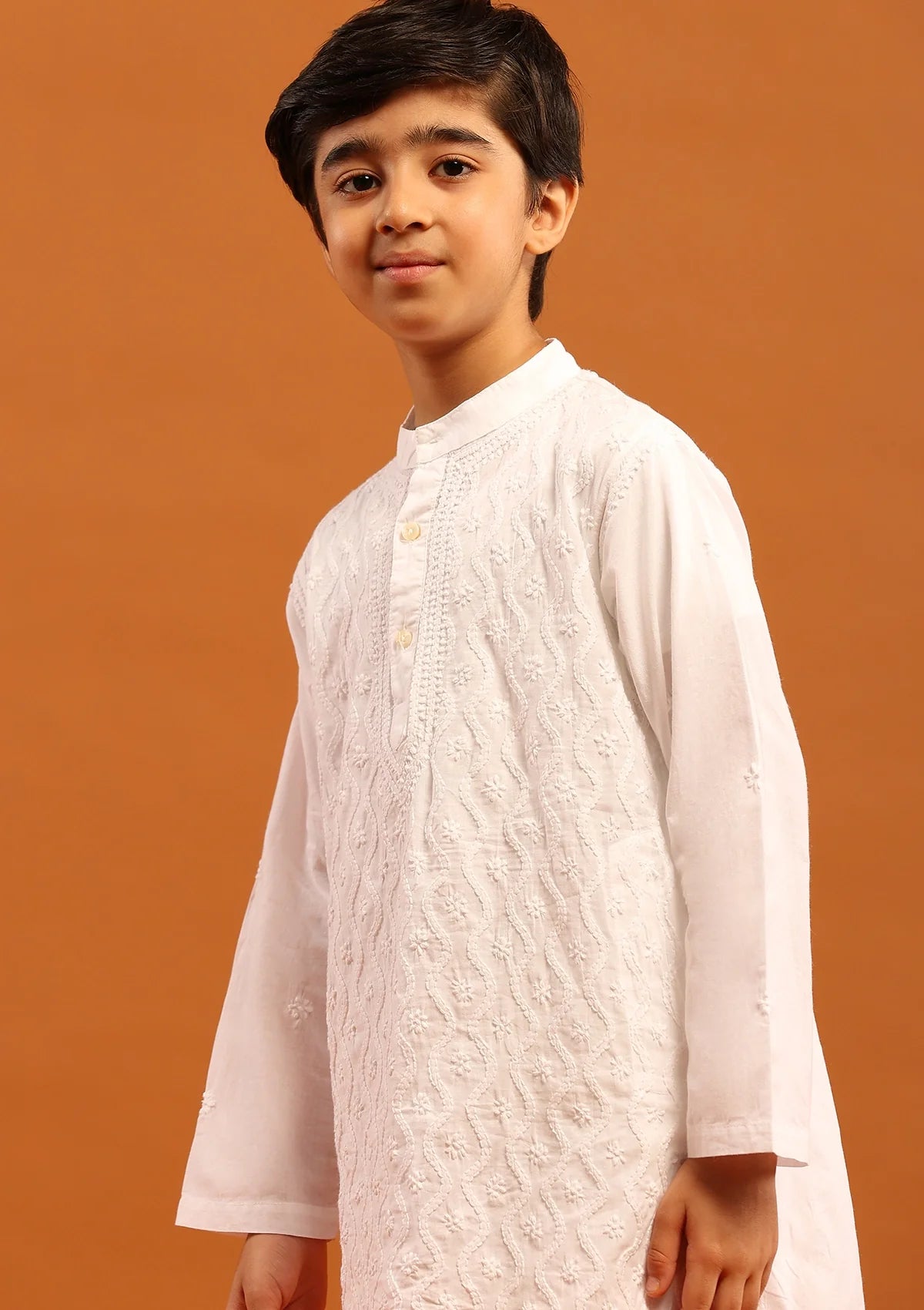 Cotton Chikankari Solid Boy's 2Pc Kurta Set-White