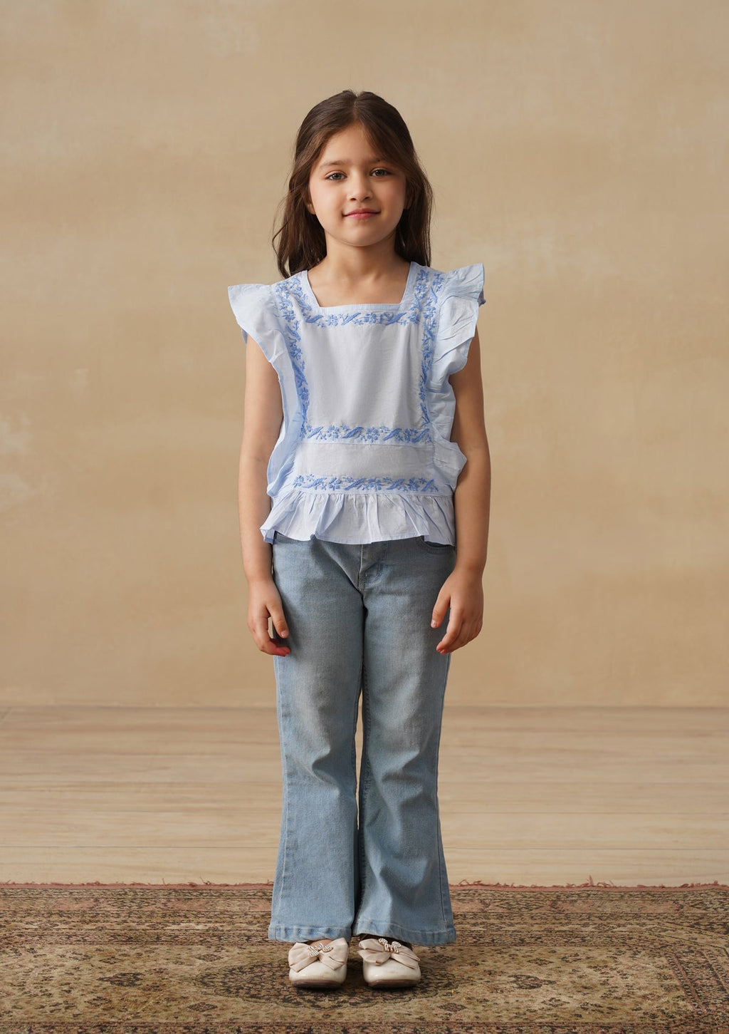 HOC Cotton Chikankari Solid Girls Short Top - Light Blue
