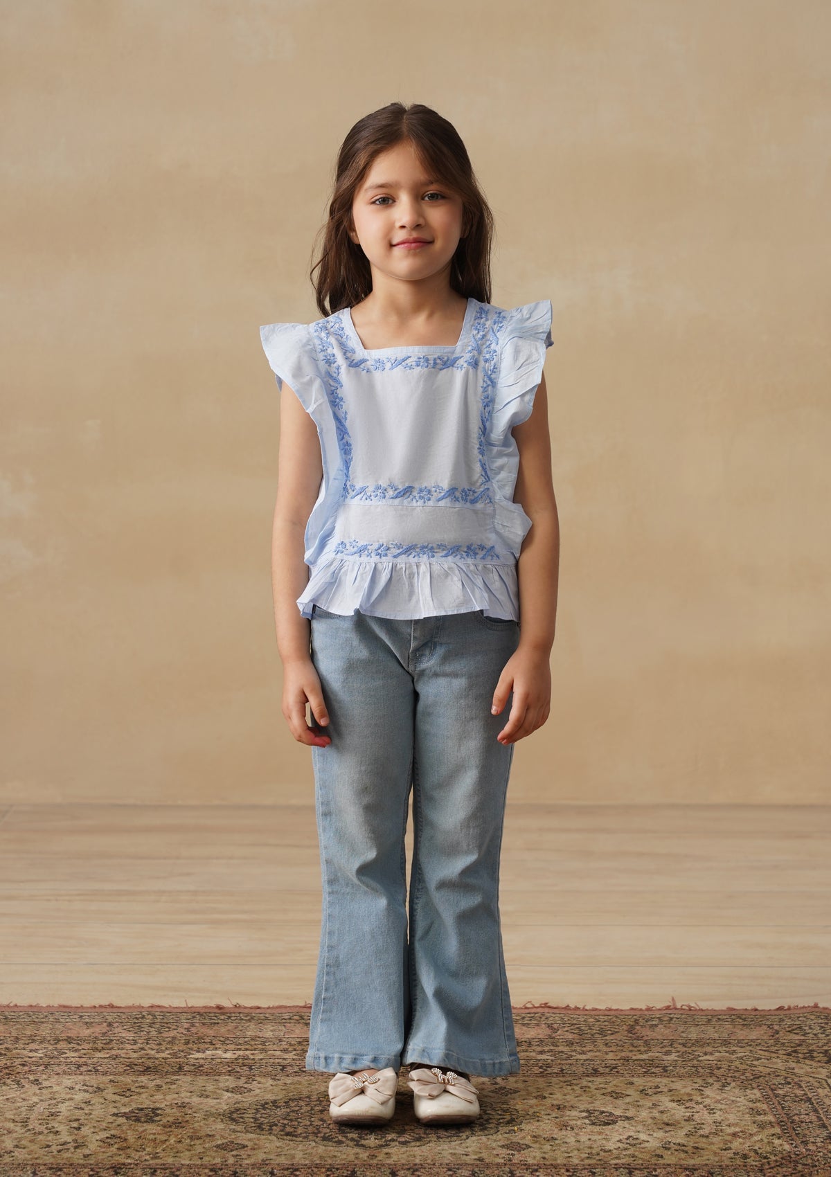 HOC Cotton Chikankari Solid Girls Short Top - Light Blue
