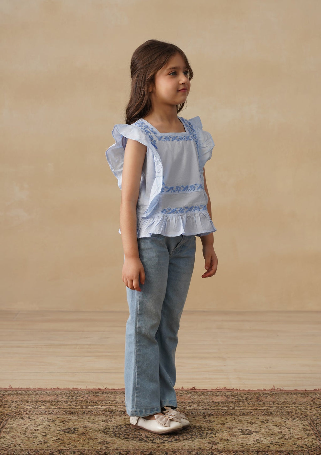 HOC Cotton Chikankari Solid Girls Short Top - Light Blue
