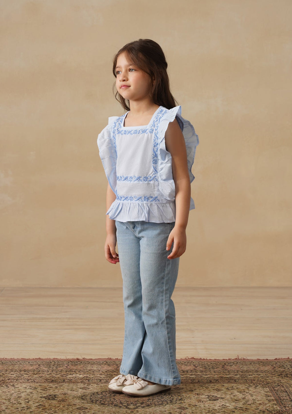 HOC Cotton Chikankari Solid Girls Short Top - Light Blue