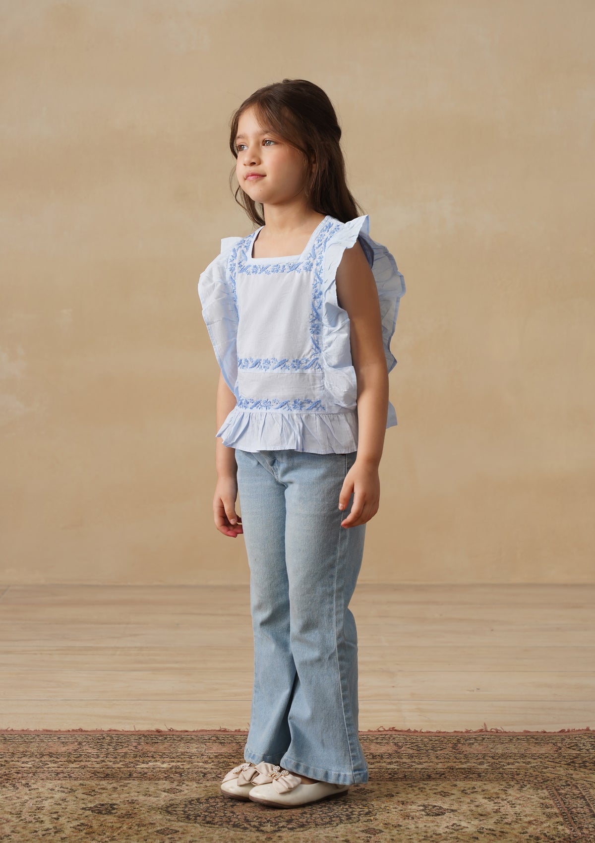 HOC Cotton Chikankari Solid Girls Short Top - Light Blue