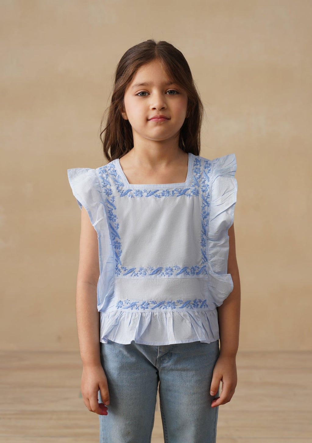 HOC Cotton Chikankari Solid Girls Short Top - Light Blue