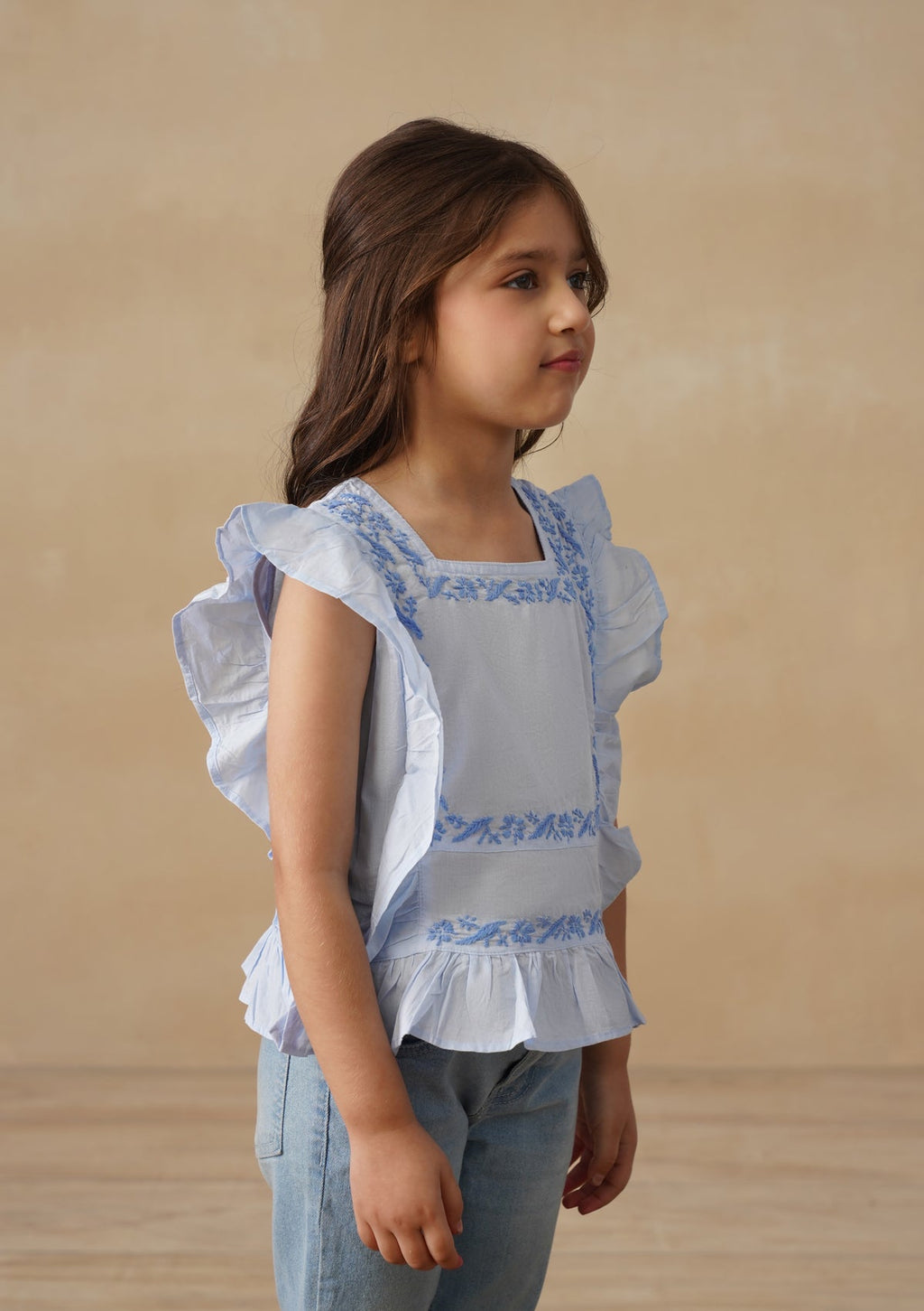 HOC Cotton Chikankari Solid Girls Short Top - Light Blue
