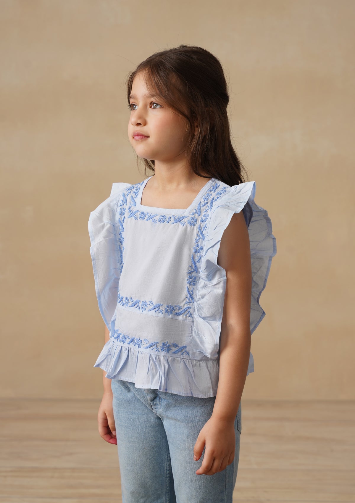 HOC Cotton Chikankari Solid Girls Short Top - Light Blue