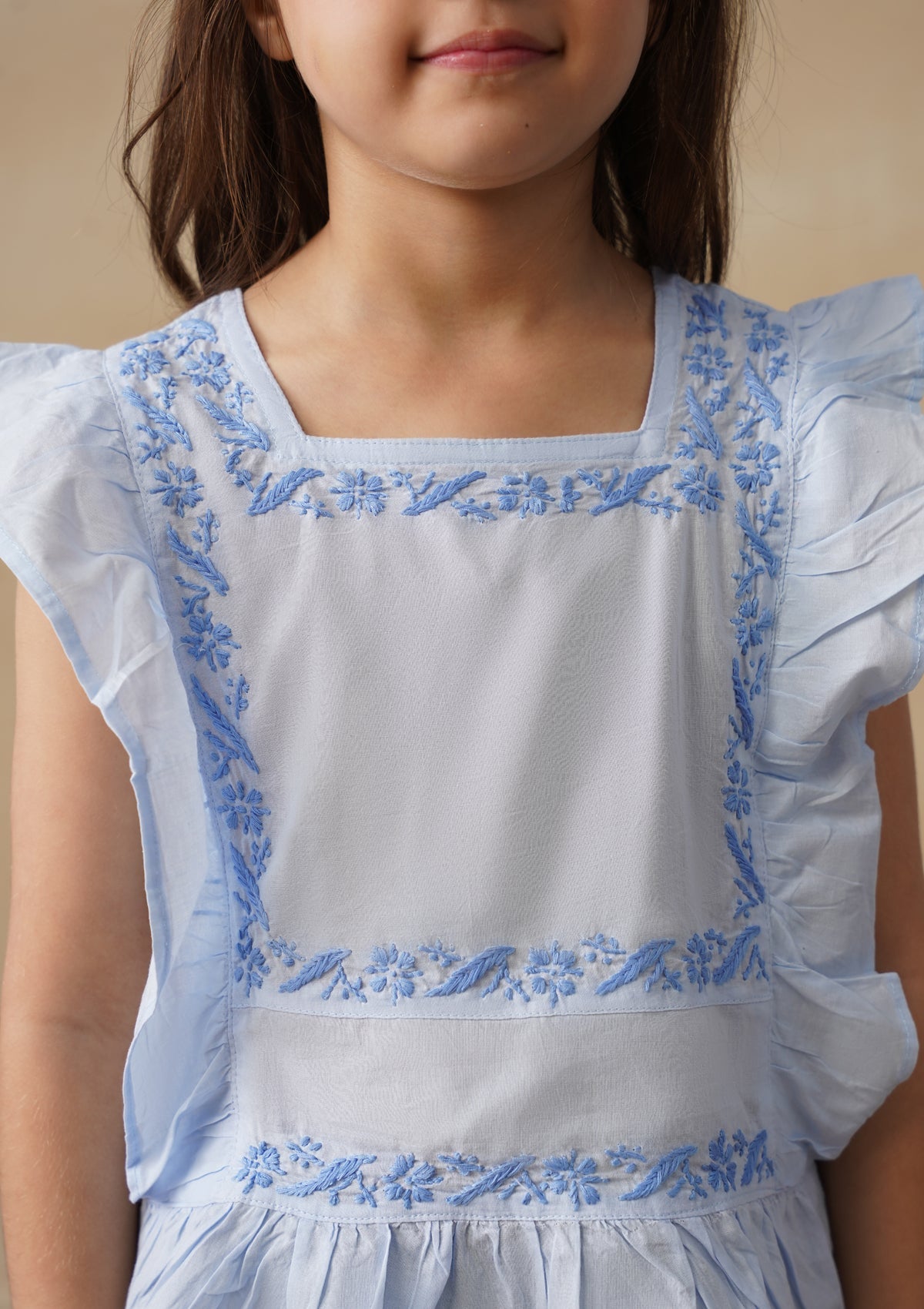 HOC Cotton Chikankari Solid Girls Short Top - Light Blue