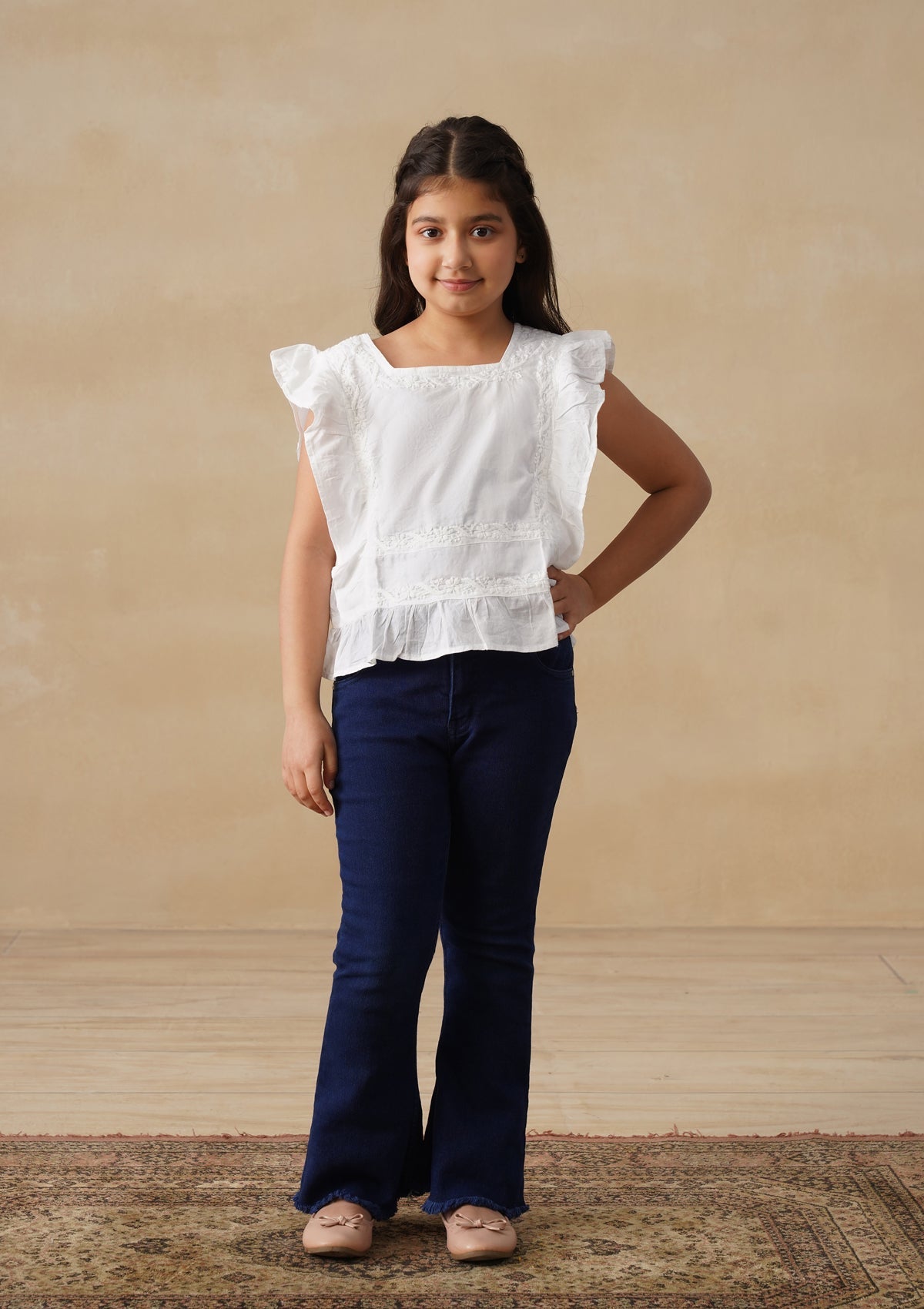 HOC Cotton Chikankari Solid Girls Short Top - White