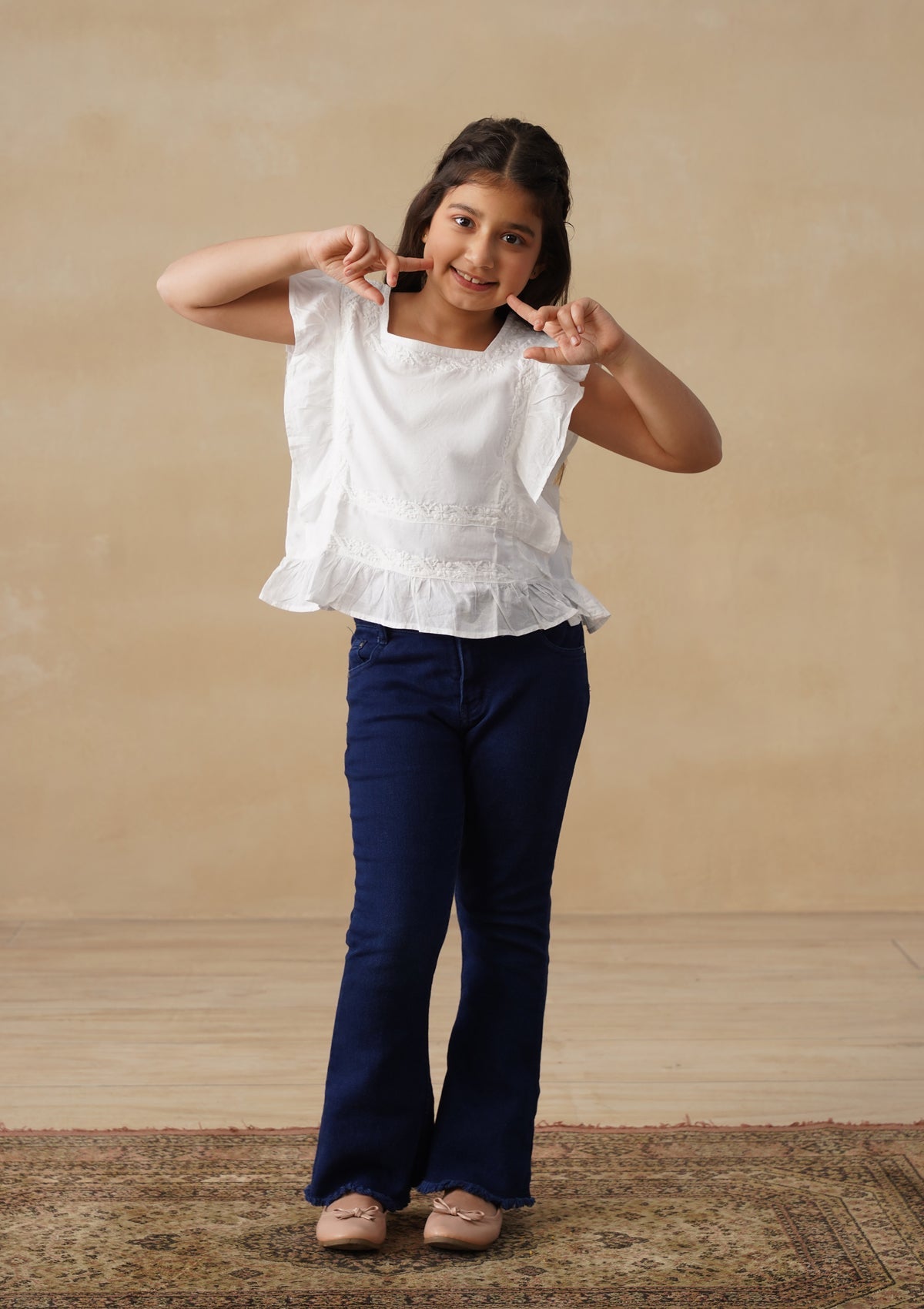 HOC Cotton Chikankari Solid Girls Short Top - White
