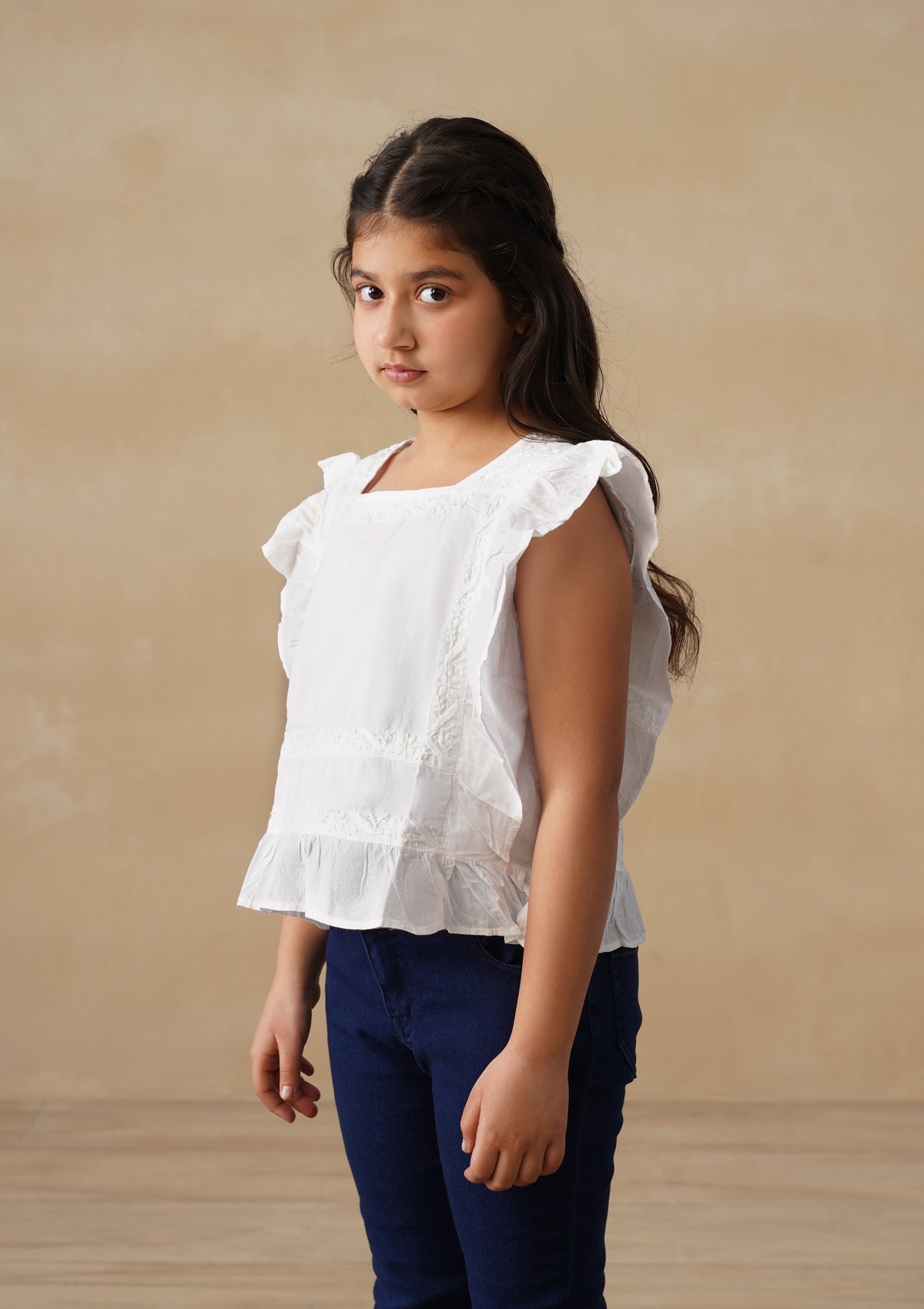 HOC Cotton Chikankari Solid Girls Short Top - White
