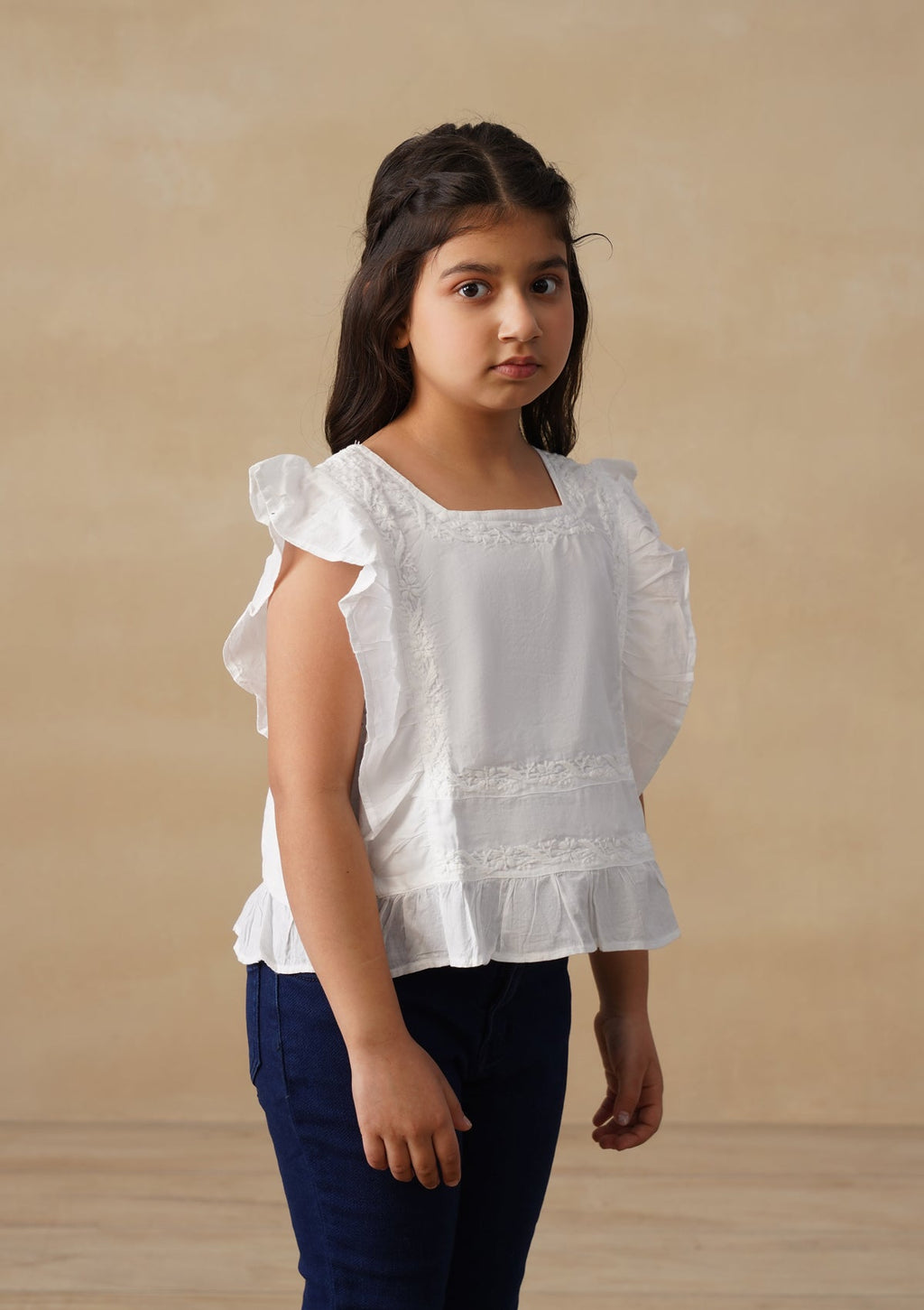 HOC Cotton Chikankari Solid Girls Short Top - White