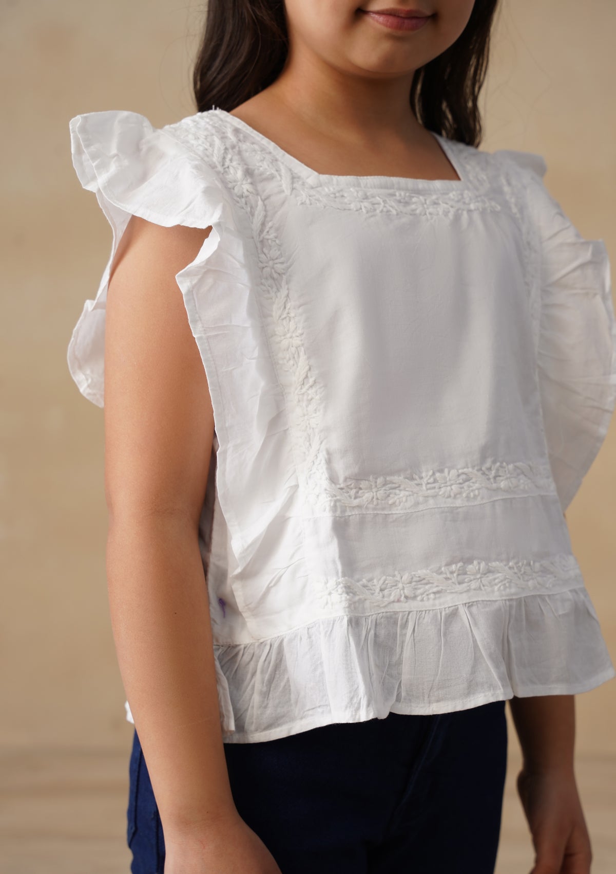 HOC Cotton Chikankari Solid Girls Short Top - White