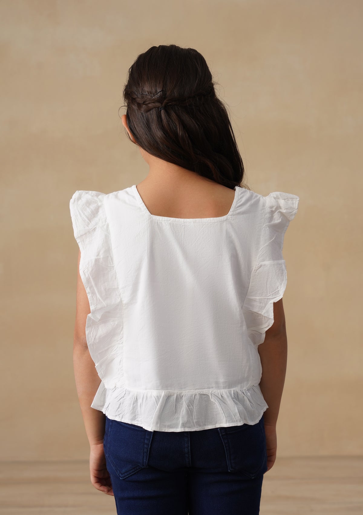 HOC Cotton Chikankari Solid Girls Short Top - White