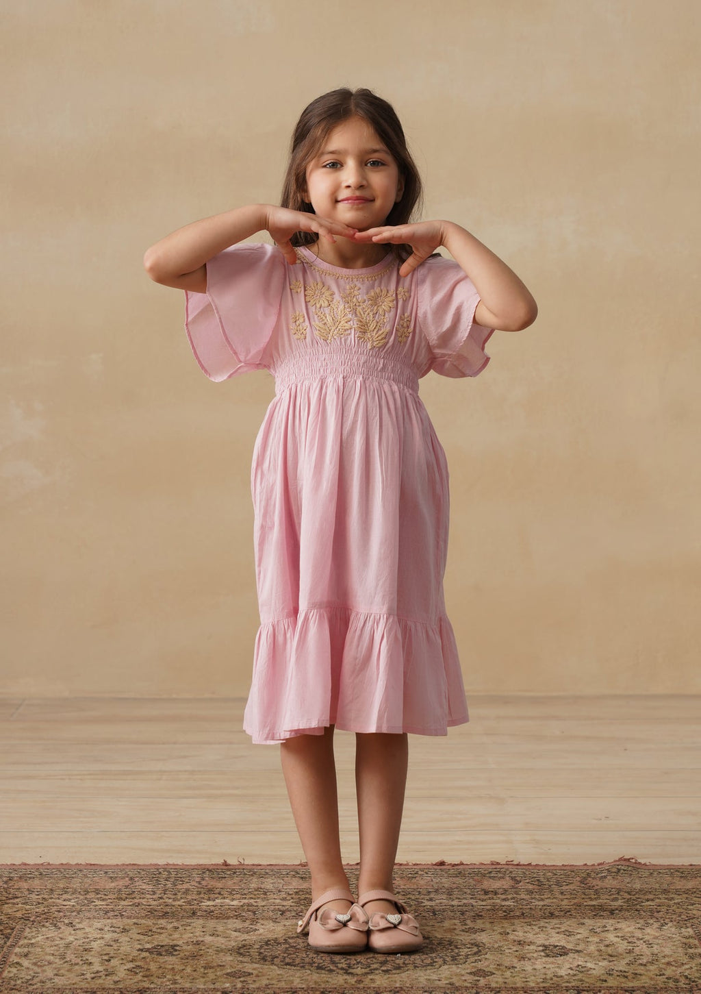 HOC Cotton Chikankari Solid Girls Long Dress - Light Pink