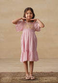 HOC Cotton Chikankari Solid Girls Long Dress - Light Pink