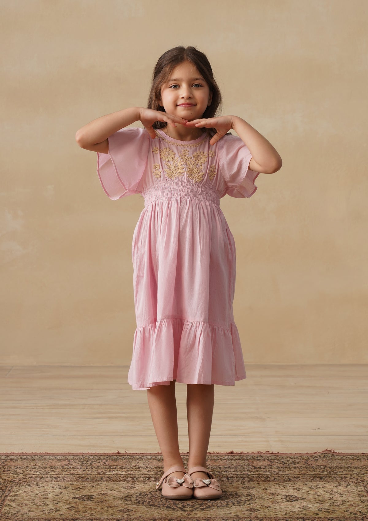 HOC Cotton Chikankari Solid Girls Long Dress - Light Pink