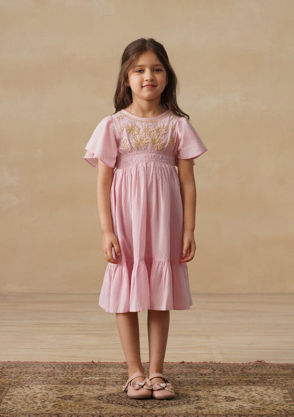 HOC Cotton Chikankari Solid Girls Long Dress - Light Pink