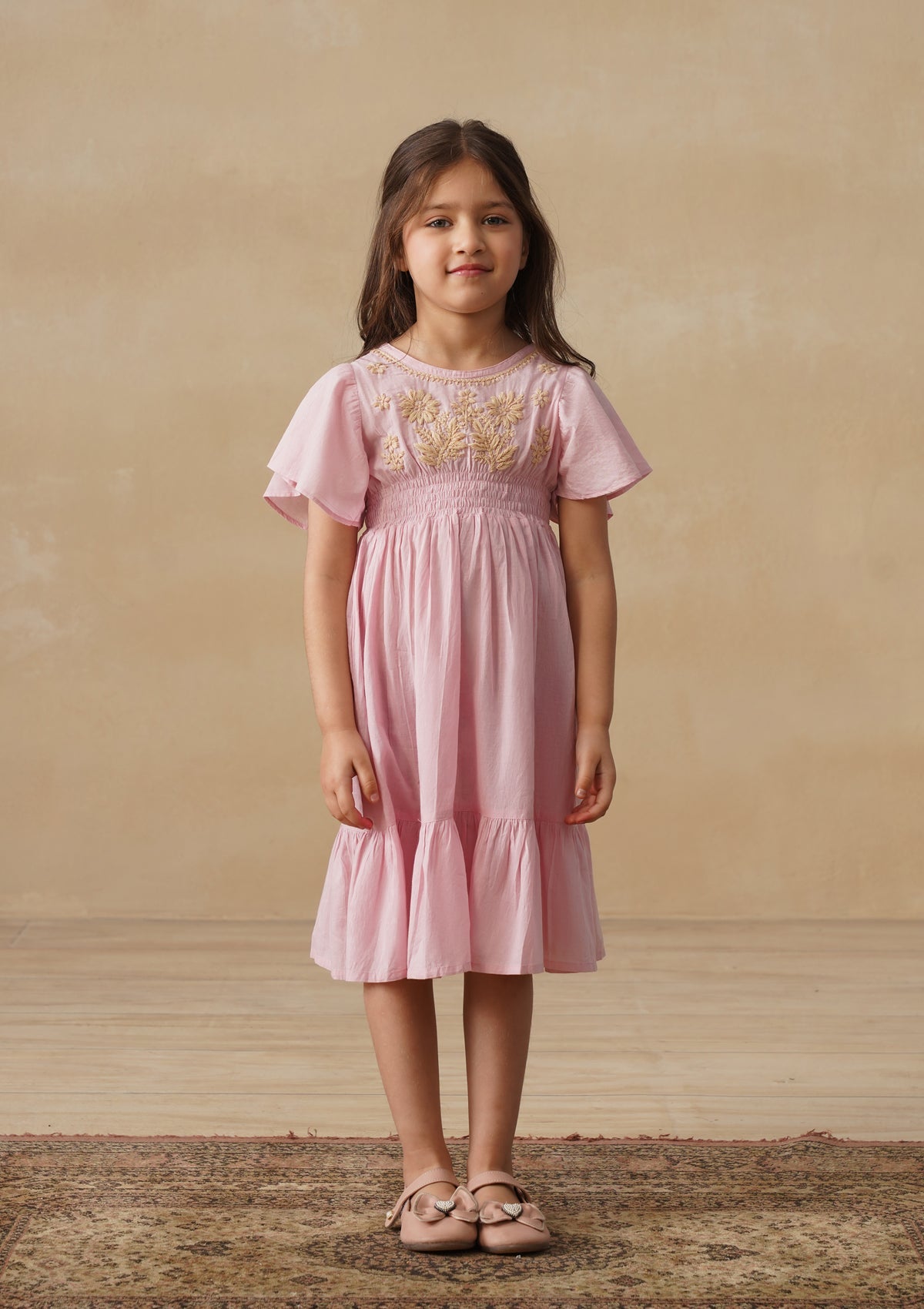 HOC Cotton Chikankari Solid Girls Long Dress - Light Pink