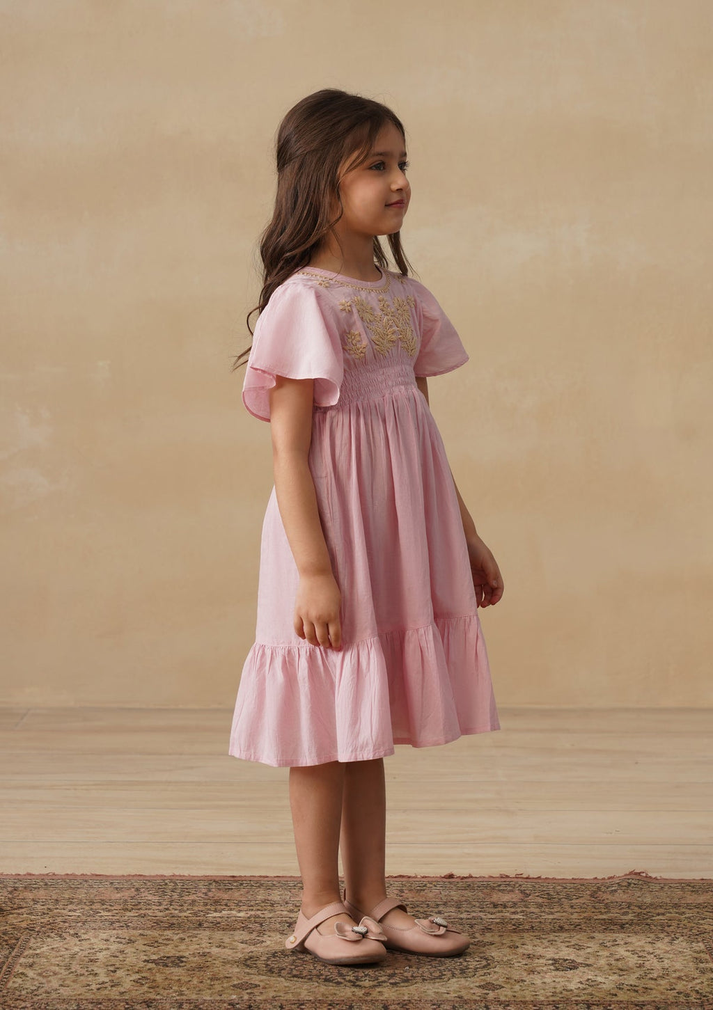 HOC Cotton Chikankari Solid Girls Long Dress - Light Pink