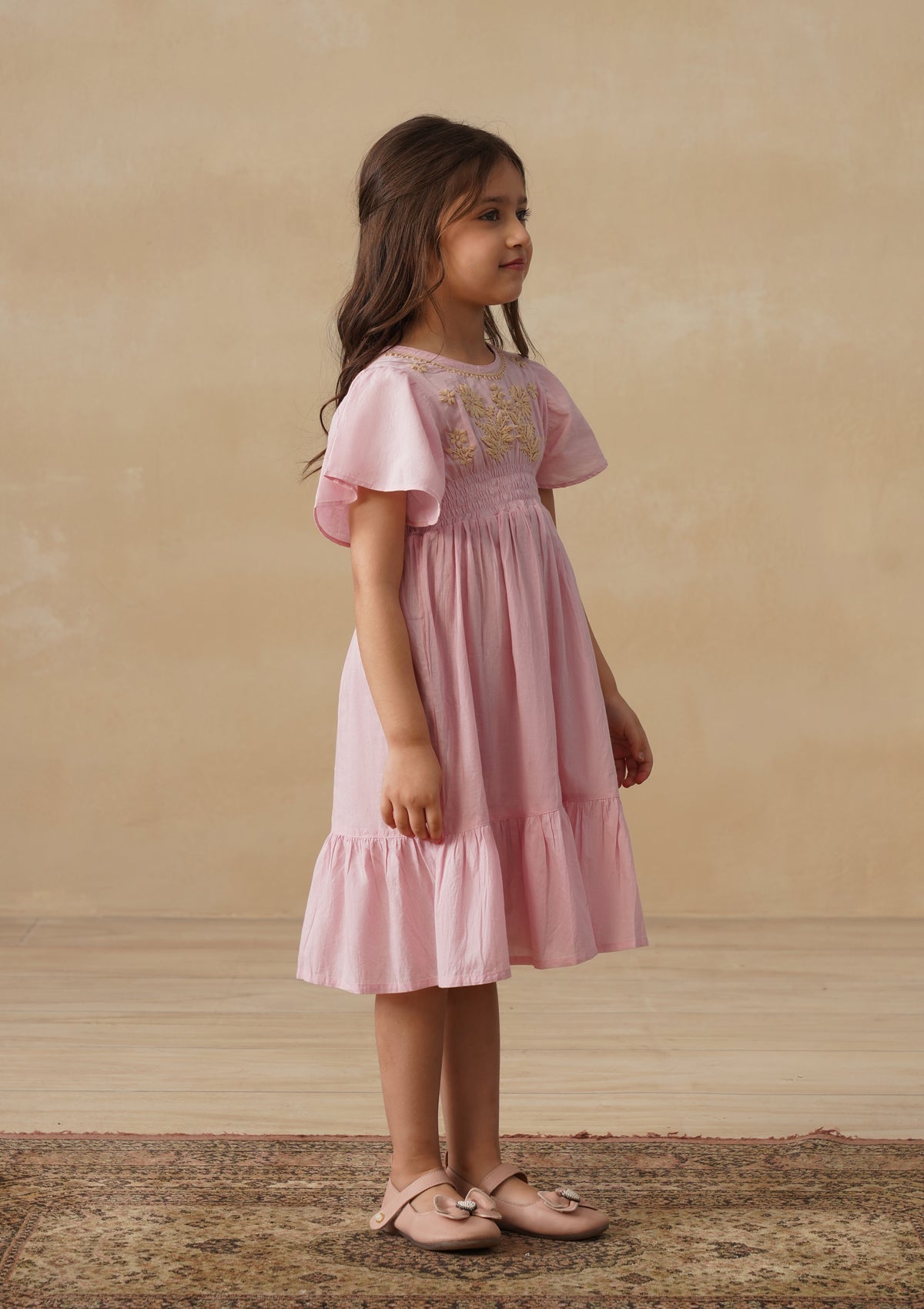 HOC Cotton Chikankari Solid Girls Long Dress - Light Pink