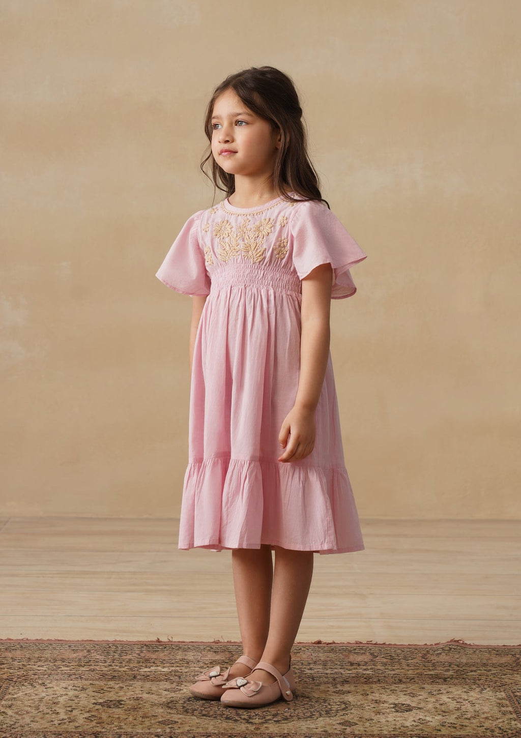 HOC Cotton Chikankari Solid Girls Long Dress - Light Pink