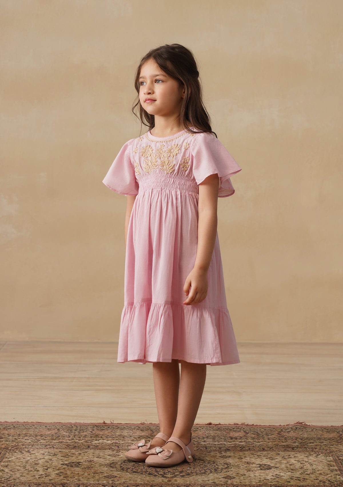 HOC Cotton Chikankari Solid Girls Long Dress - Light Pink