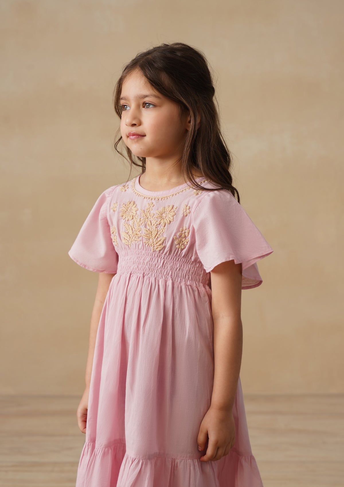 HOC Cotton Chikankari Solid Girls Long Dress - Light Pink