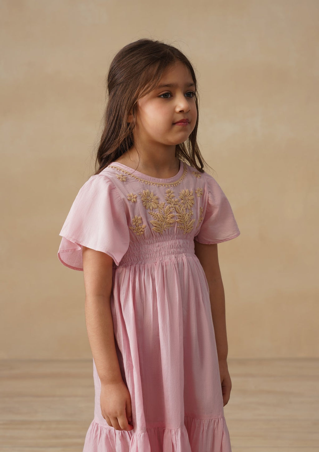 HOC Cotton Chikankari Solid Girls Long Dress - Light Pink