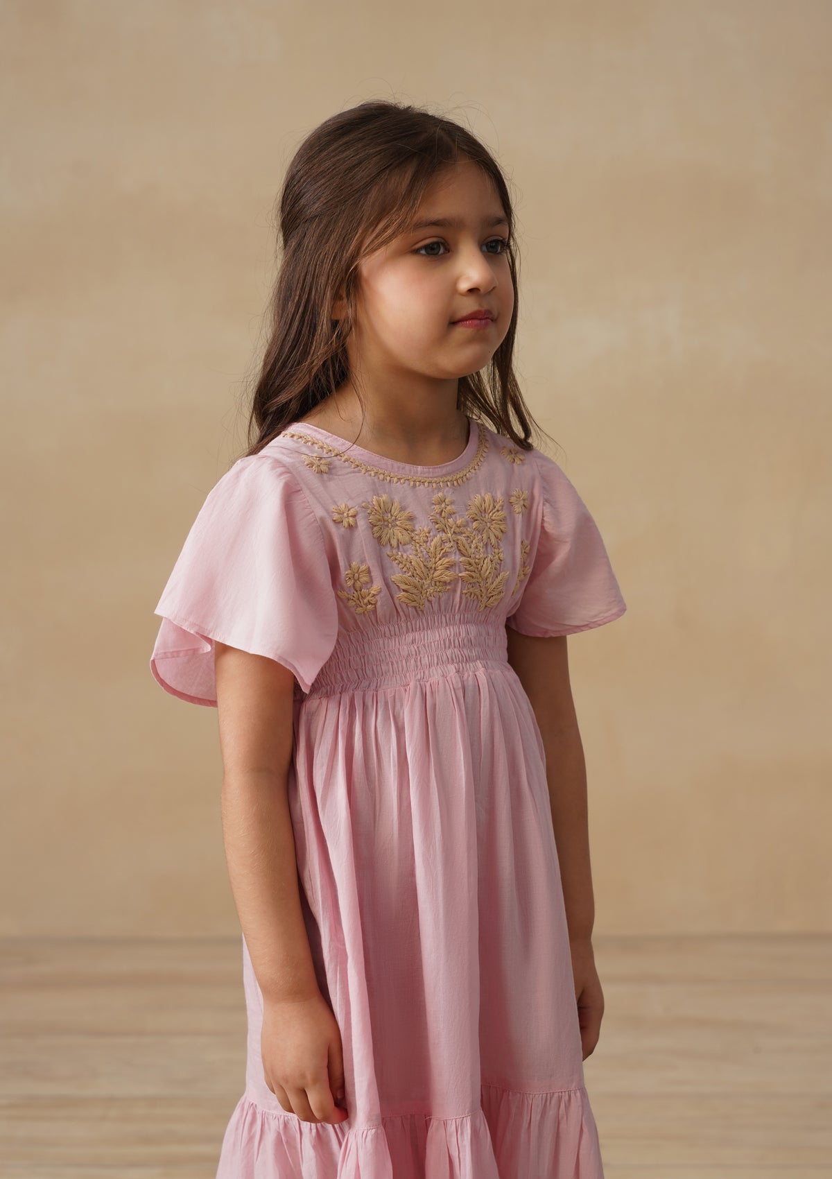 HOC Cotton Chikankari Solid Girls Long Dress - Light Pink