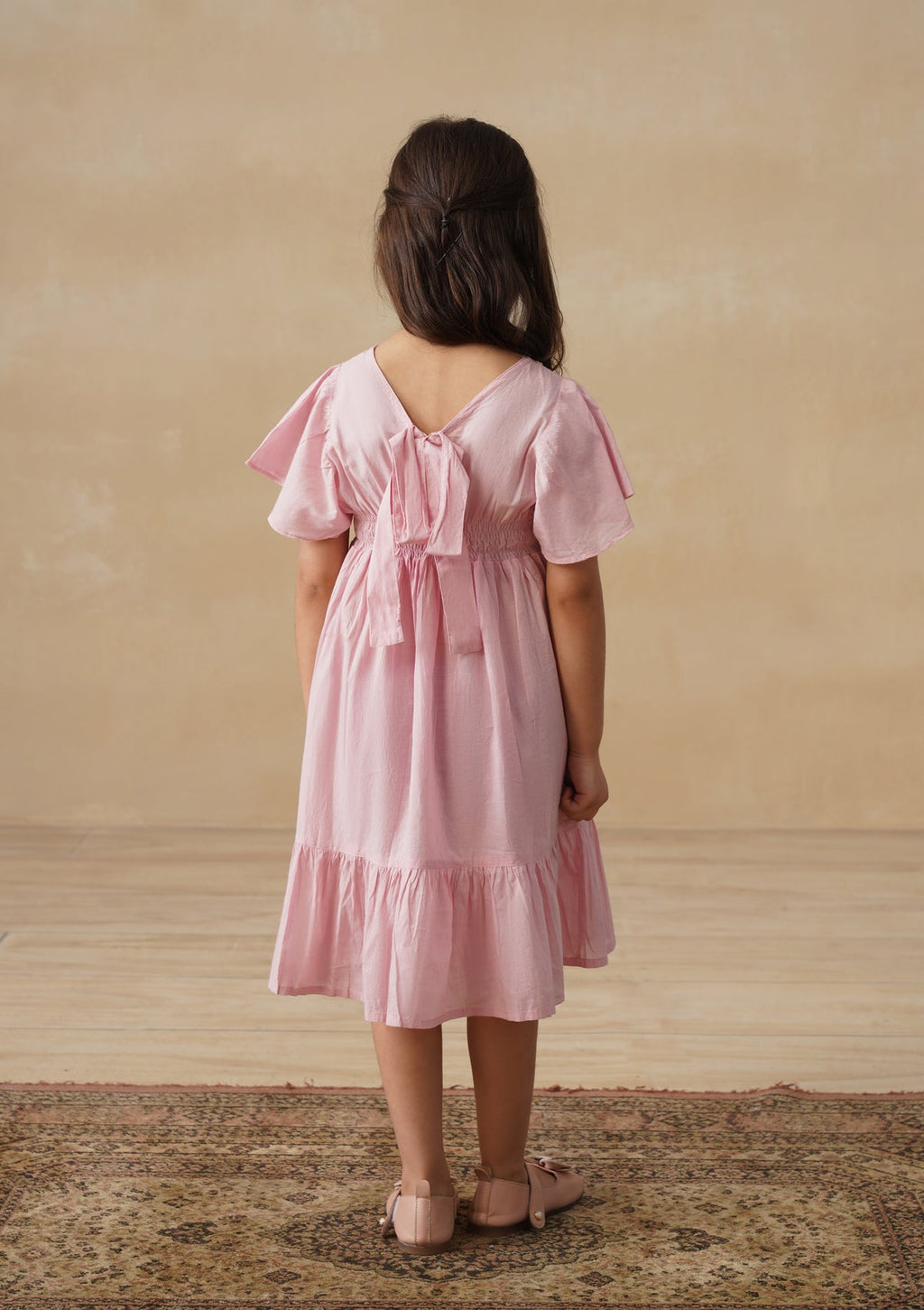 HOC Cotton Chikankari Solid Girls Long Dress - Light Pink
