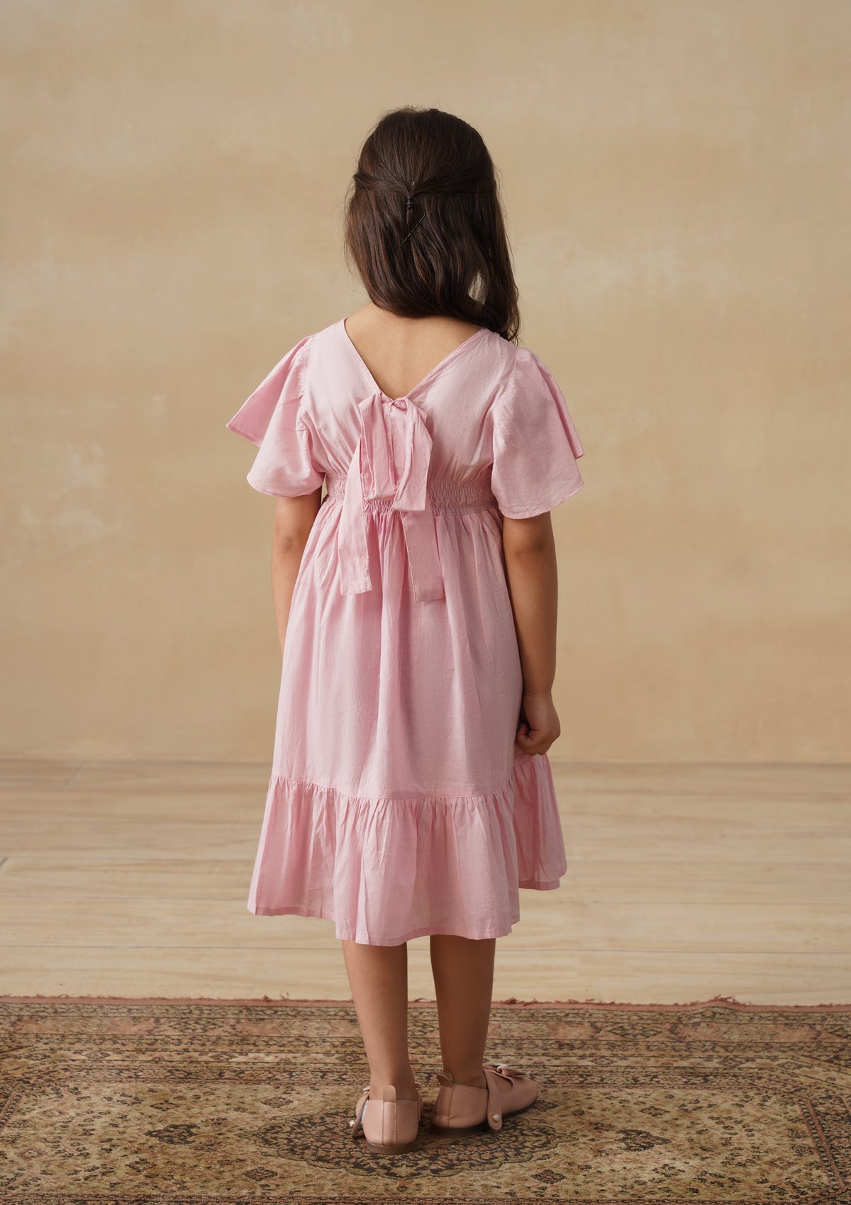 HOC Cotton Chikankari Solid Girls Long Dress - Light Pink