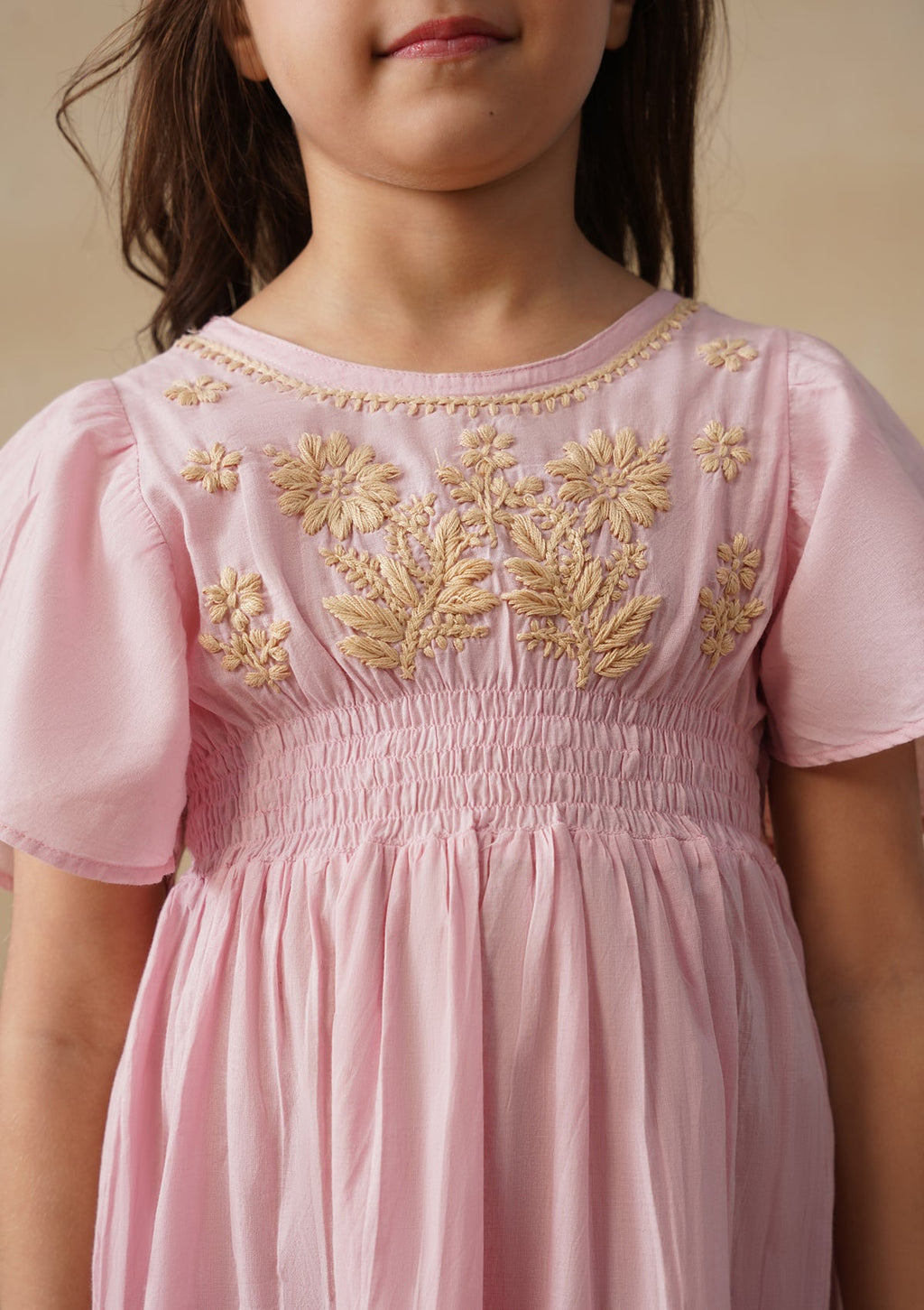 HOC Cotton Chikankari Solid Girls Long Dress - Light Pink