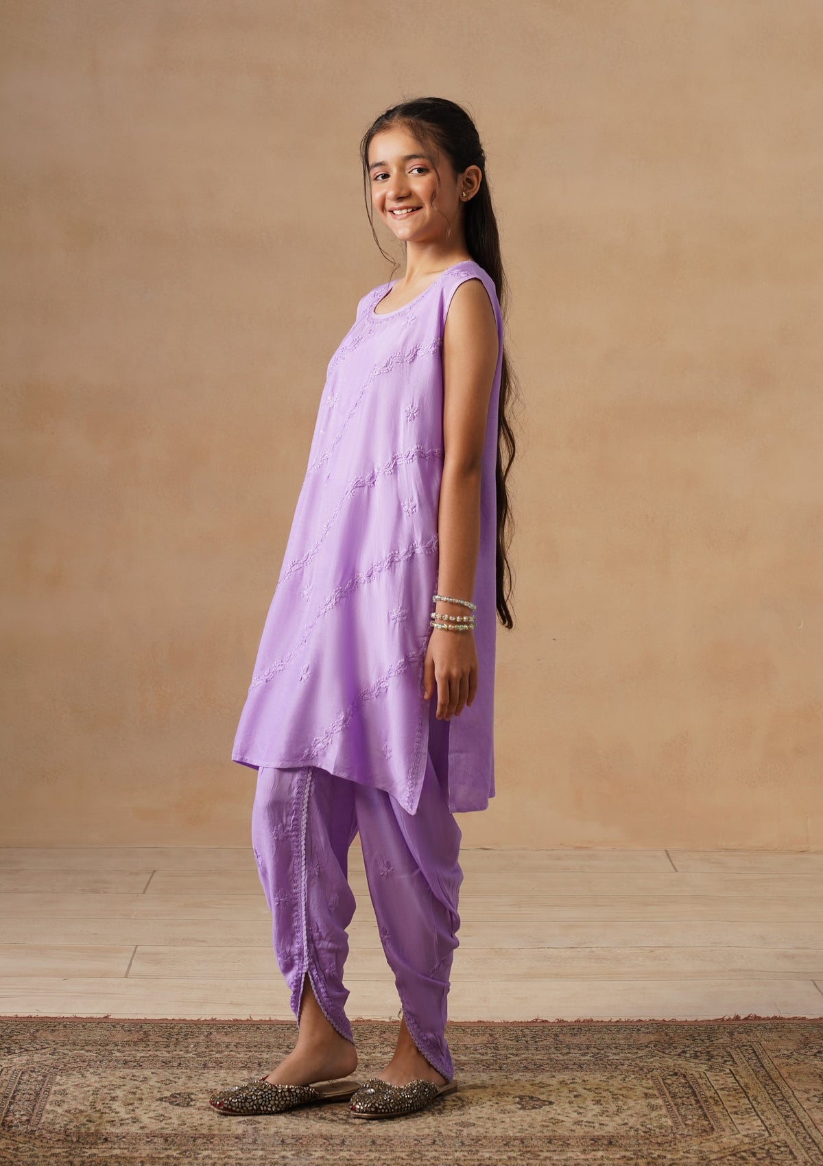 HOC Kids Purple Muslin Chikankari Kurta Set