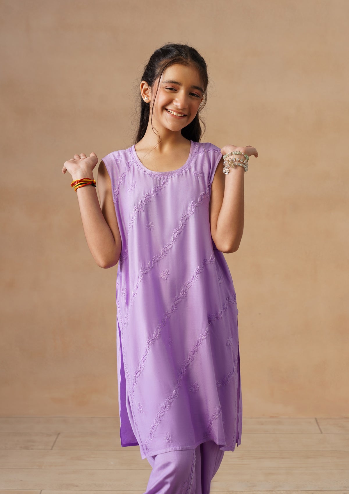 HOC Kids Purple Muslin Chikankari Kurta Set